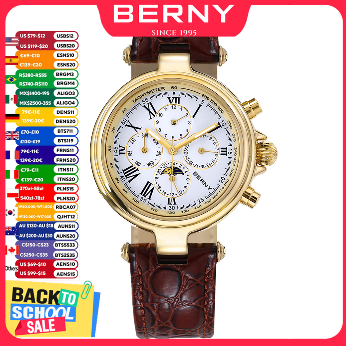 Chronograph Flyback Watch - Montre automatique rétro BERNY pour homme,
